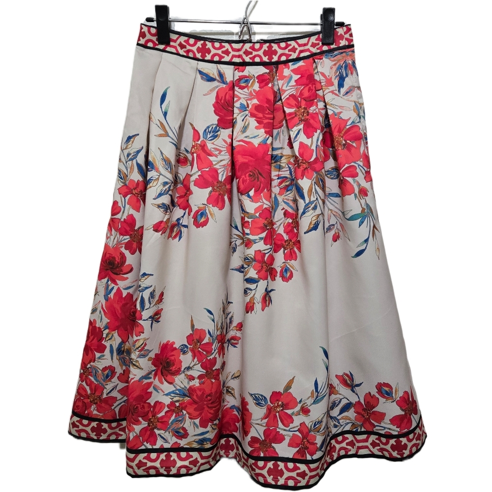 ​Flying Tomato Red Floral Skirt Geometric Border Boho A-Line Small